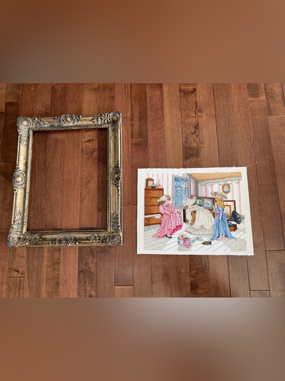 Counted Cross Stitch Piece “Make Believe” Paula Vaughan + frame